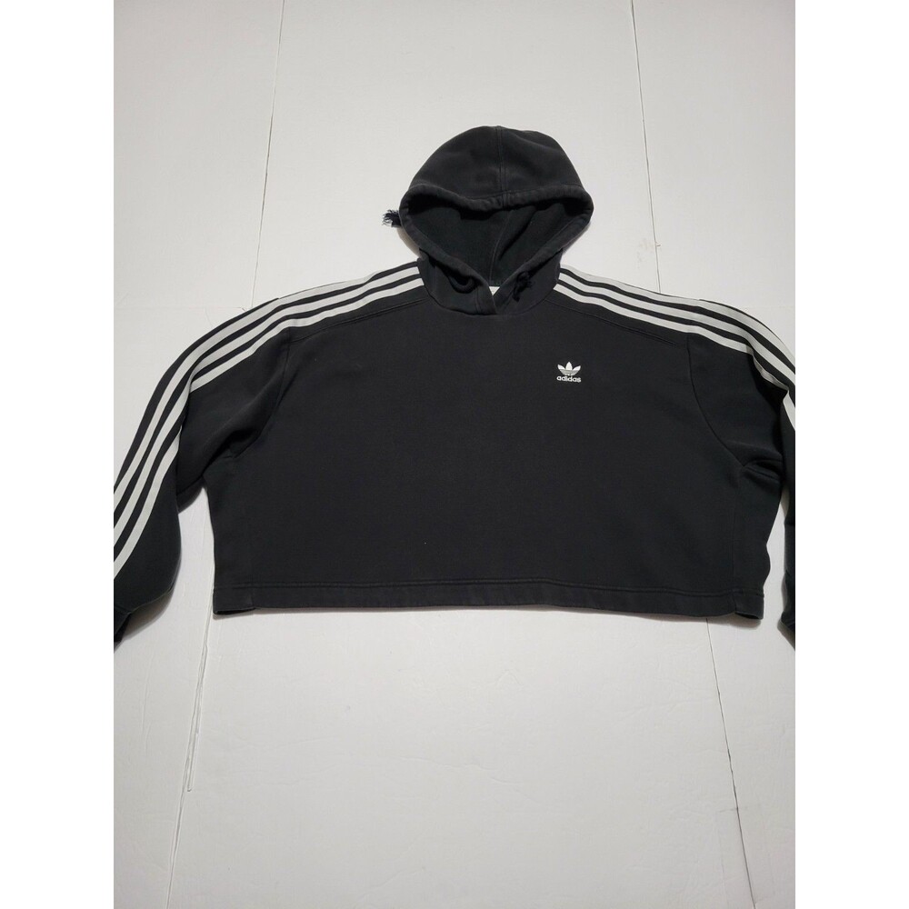 L5) Adidas Originals Black Pullover Crop-top Hoodie 3-Stripes Trefoil Women's M